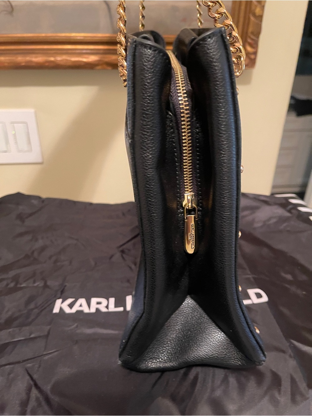 Karl Lagerfeld Black Leather Tote with Gold Stud Chevron & Chain Straps - Picture 9 of 14